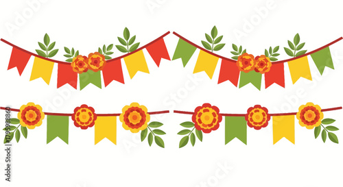 Festive garlands with colorful flags, flowers, and leaves, perfect for celebrations and decorations.