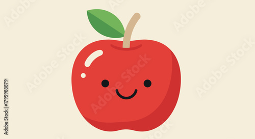 A cute cartoon apple with a smiling face, stem, and leaf on a beige background.