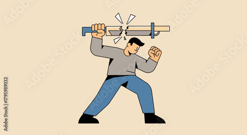An angry man in a powerful stance breaks a clamped wooden plank, symbolizing frustration and breaking barriers.