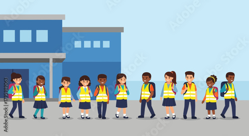 A diverse group of schoolchildren wearing bright yellow safety vests and backpacks stand in front of a school building.