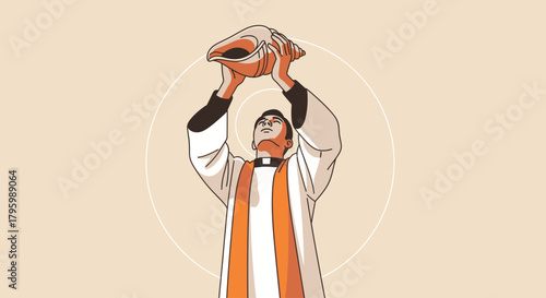 A priest or religious figure holding a conch shell in a ritualistic gesture, with a halo.