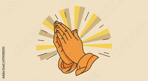 A simple graphic illustration of two hands clasped together in prayer against a light background with rays.