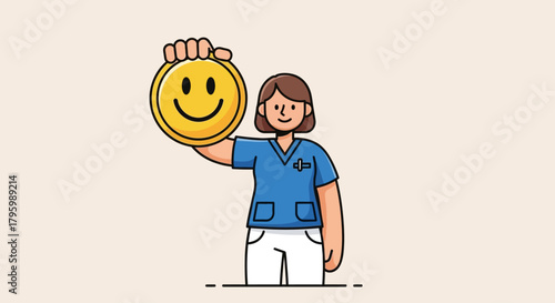 A healthcare professional in blue scrubs holds up a large yellow smiley face icon.