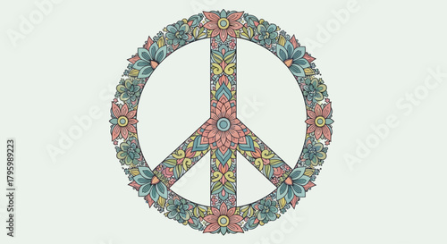 A beautifully intricate peace symbol adorned with colorful floral patterns and mandala-like designs.