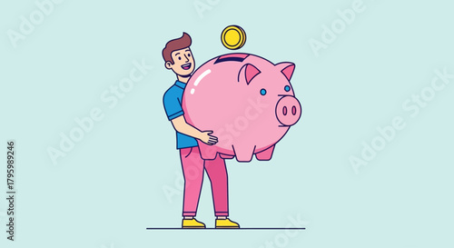 A smiling man is holding a large pink piggy bank with a coin being dropped into it.