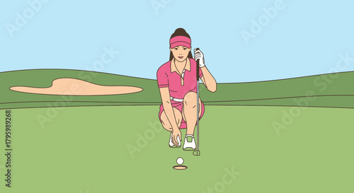 A woman in a pink outfit crouches on a golf course, examining her golf ball near the hole.