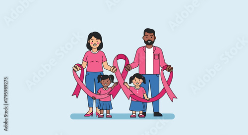 Family holding pink ribbons, symbolizing breast cancer awareness and support for loved ones.