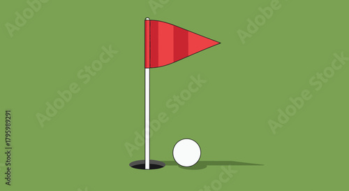 Golf course scene featuring a red flag, a white ball, and a hole on green grass.