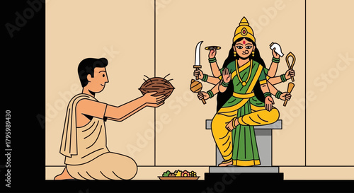 An illustration of a Hindu man in traditional attire making an offering to the multi-armed goddess Devi during a puja ceremony.