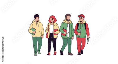 A diverse group of four young adults, two males and two females, walking together and carrying books and laptops.