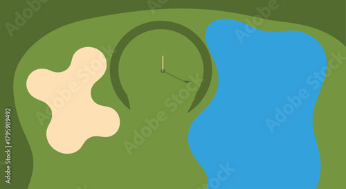 Aerial top-down view of a golf course green with a sand bunker and water hazard.