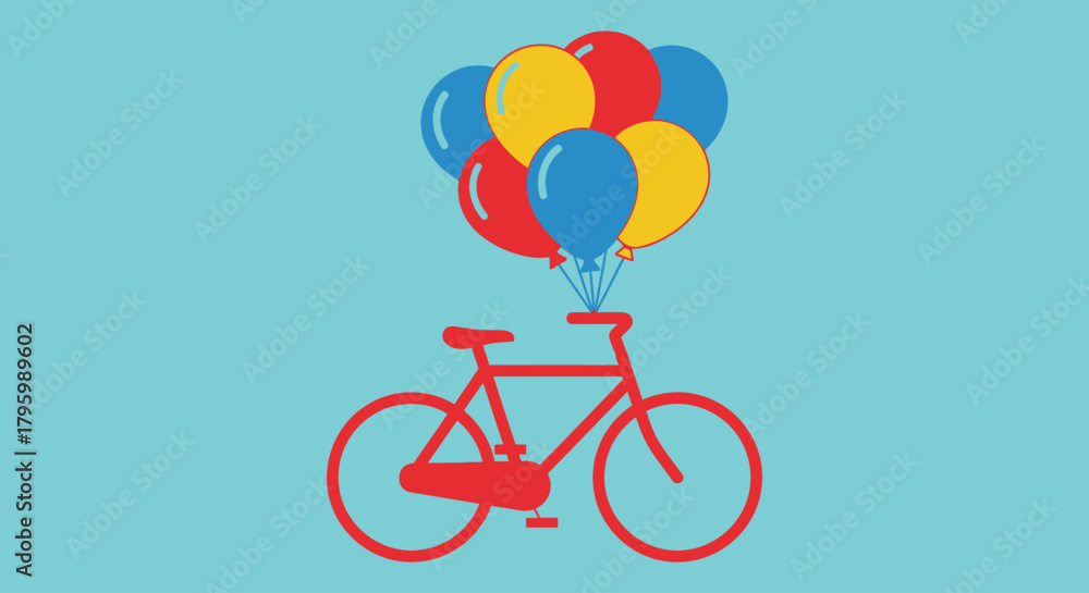 Fototapeta premium A red bicycle with a bunch of colorful balloons floating in the air against a blue background.