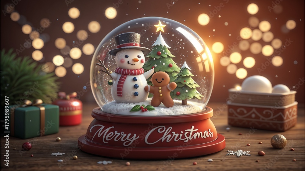 Fototapeta premium 3D Snow Globe Cute Merry Christmas Character Card