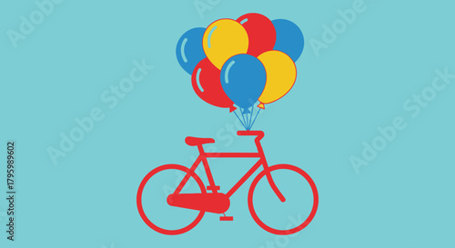 A red bicycle with a bunch of colorful balloons floating in the air against a blue background.