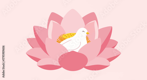 Illustration of a white dove nestled in a pink lotus flower.