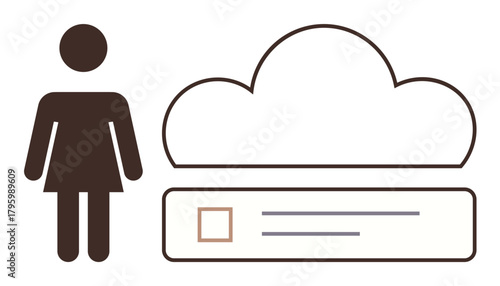 Woman figure alongside cloud graphic and a file selection interface suggesting digital storage. Ideal for cloud computing, file management, data storage, collaboration, technology, digital solutions