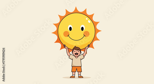 A cheerful cartoon boy holds up a big, smiling yellow sun against a plain background.