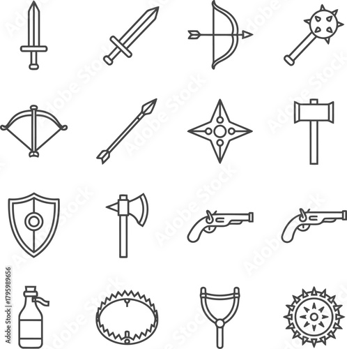 Weapon icon set for game user interface isolated on transparent background, Vector, illustration