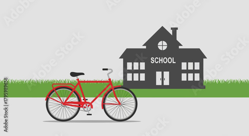 A red bicycle parked in front of a school building on a sunny day.
