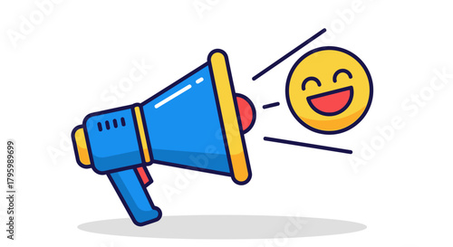 Cartoon illustration of a blue megaphone broadcasting a cheerful yellow laughing emoji with sound waves.