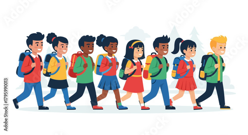 A diverse group of smiling children with backpacks walking together in a line.