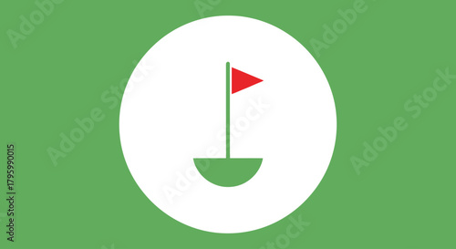 A minimalist graphic icon of a golf hole with a red flag on a green background.