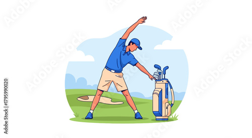 A golfer in athletic wear performs a side stretch next to his golf bag on a grassy course.