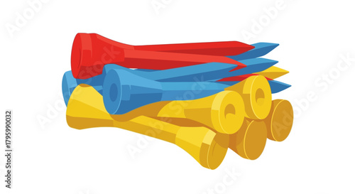 A stack of colorful golf tees in red, blue, and yellow, ready for a game on the course.