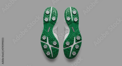 Close-up shot of the soles of two white and green golf shoes, showing the cleats.