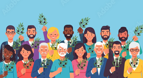A diverse group of multicultural people, young and old, holding olive branches as a symbol of peace and unity.