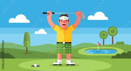 A happy golfer celebrates a successful putt on a sunny day at the golf course.