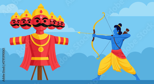 Rama shooting arrow at Ravana effigy, celebrating Dussehra festival.