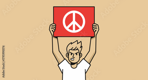 A determined cartoon man holding a red sign with a white peace symbol above his head, protesting for peace.