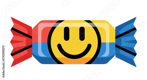 A colorful candy wrapper featuring a smiling face, with red and blue ends.