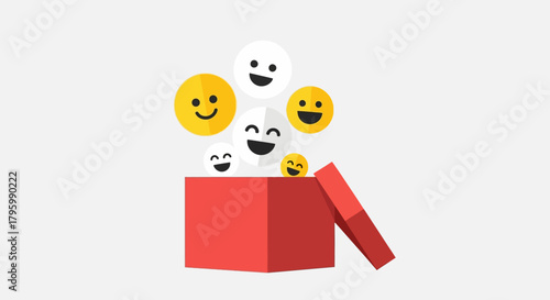 A red gift box opens, releasing a cascade of happy yellow and white emoji faces into the air.