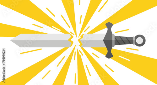 A broken silver sword with a dark hilt, split in two, against a vibrant yellow starburst background.