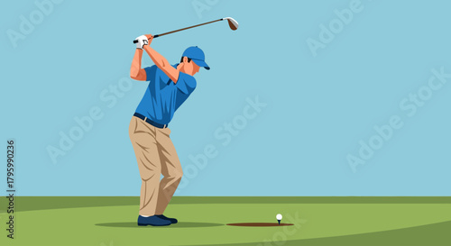 Golfer swinging club on green grass, preparing to hit golf ball.