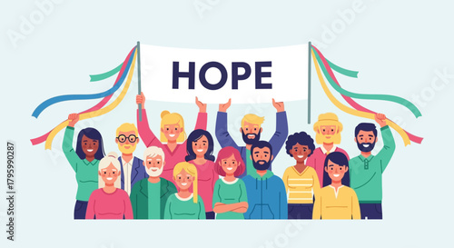 A diverse group of people holding a "HOPE" banner with colorful ribbons, symbolizing unity and optimism.