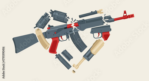 An AK-47 assault rifle disassembled into its component parts, arranged in the shape of a heart.