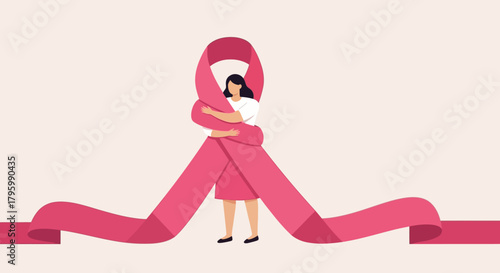 A woman embraces a large pink ribbon, symbolizing breast cancer awareness and support.