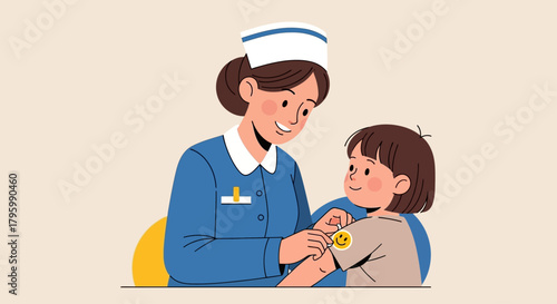 Nurse applying bandage to child's arm after vaccination.