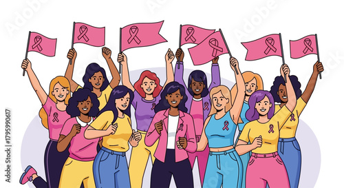 Group of diverse women celebrating and raising flags with pink ribbons for breast cancer awareness.