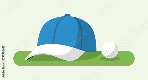 A blue baseball cap with a white brim rests on a green surface next to a golf ball.