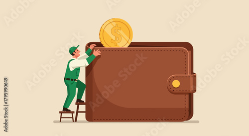 Man on ladder putting coin into wallet, financial savings concept.