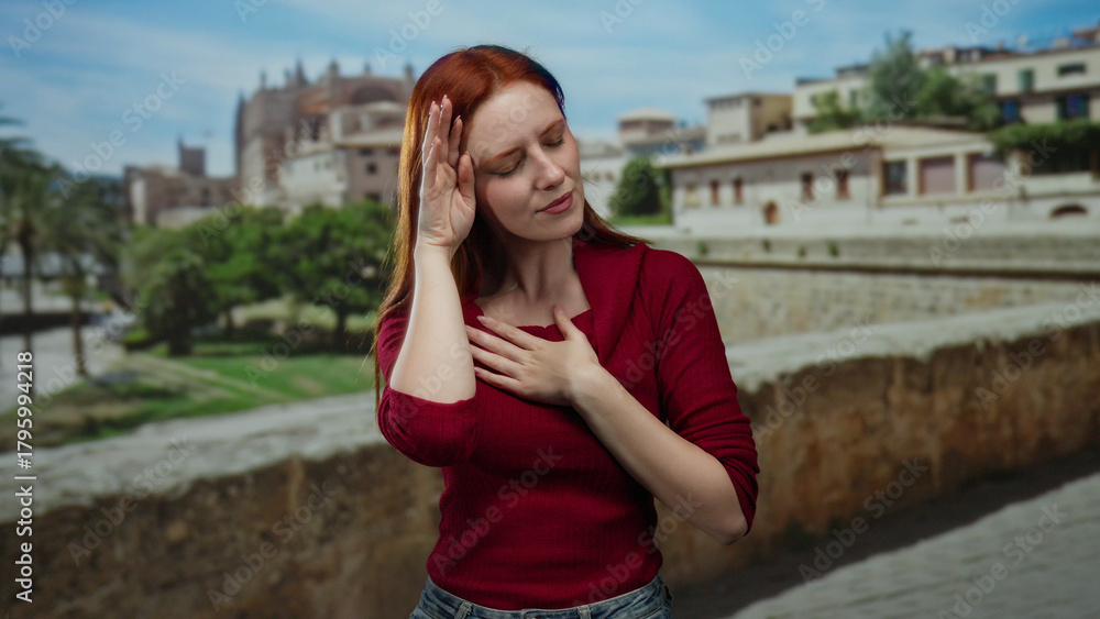 Fototapeta premium Woman standing on city street touches her head while wearing red sweater, surrounded by ancient buildings under clear sky, showcasing serene emotion and vibrant hair.