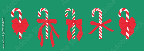Set of Christmas striped candy cane with red bow, ribbon. Hand drawn decorative element for gift box, present, postcard, banner sale. Isolated flat vector EPS10