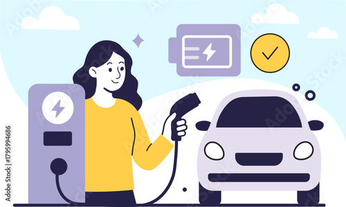 Flat Design Illustration of Electric Car Charging Station
