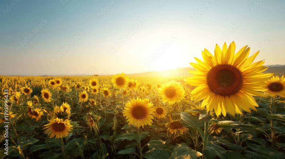 Obraz premium Lush Sunflower Field Under Bright Blue Sky at Sunset, Vibrant Flowers Stretching Towards Warm Glow of Sun in Beautiful Nature Landscape