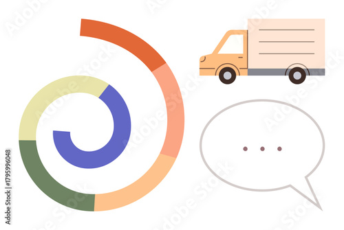 Delivery truck alongside a colorful circular progress chart and a speech bubble with ellipsis. Ideal for logistics, communication, progress tracking, business planning, shipping, analytics, teamwork