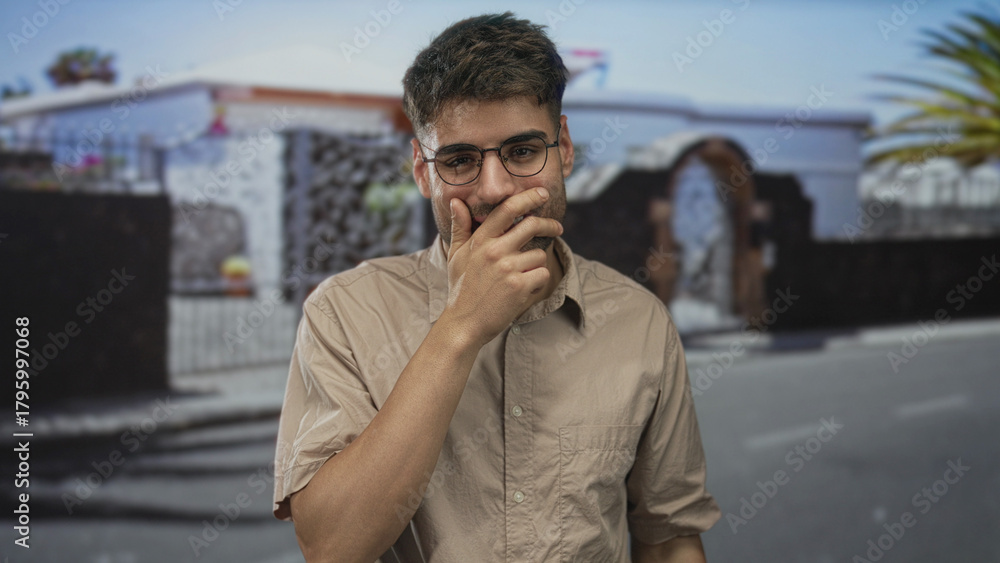 Fototapeta premium Young hispanic man in casual shirt covers mouth while laughing in front of building entrance on street; joy.